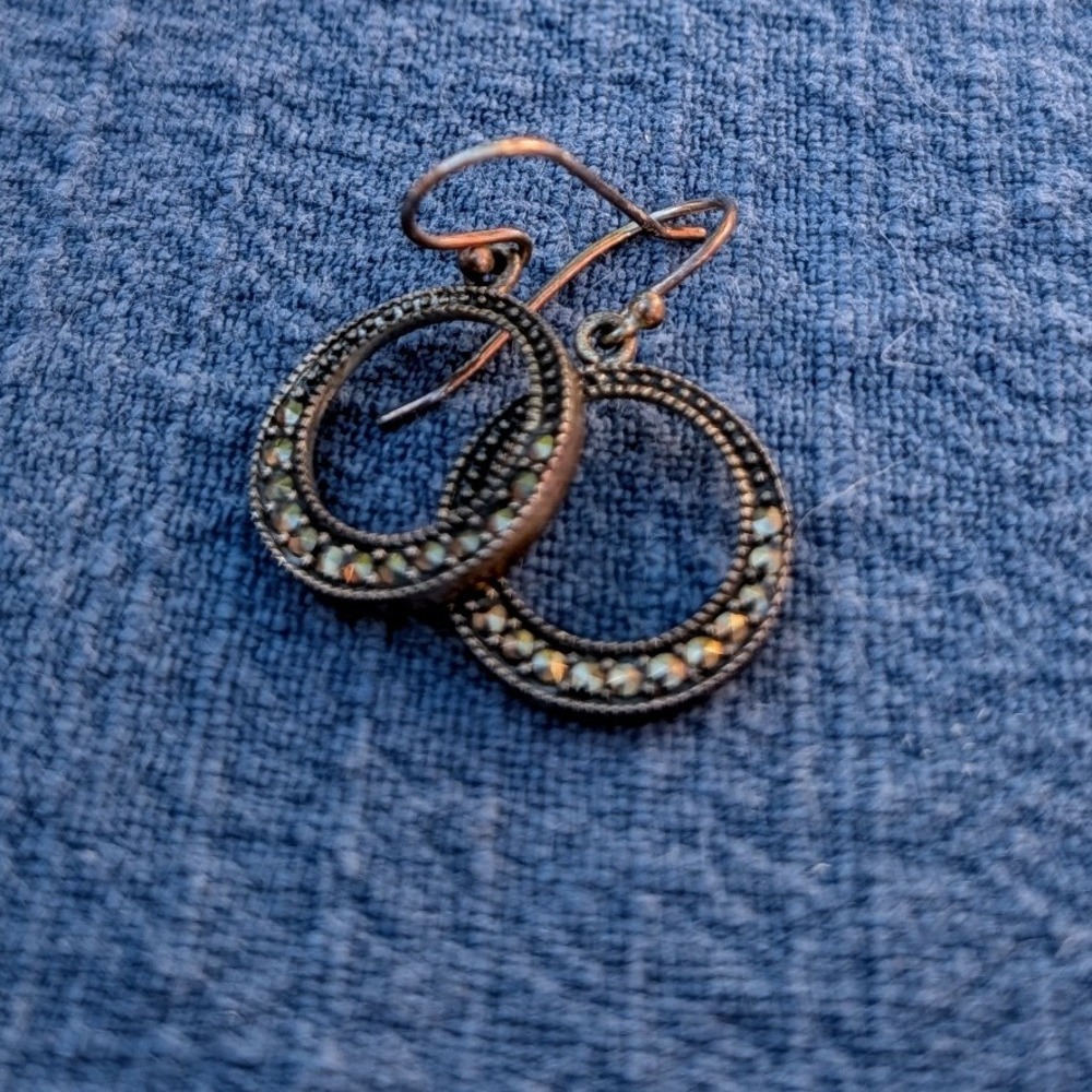 Sterling Silver Rhinestone Circle Drop Earrings Art Deco Style Dangle